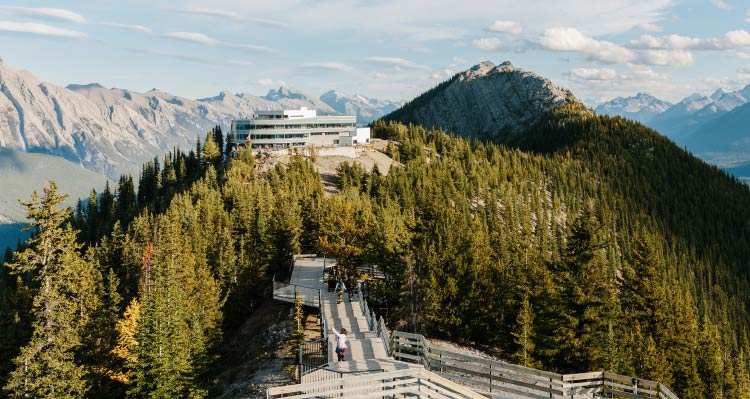 The Banff Gondola Upper Terminal atop a forested mountain-ridge with a boardwalk stretching forward.