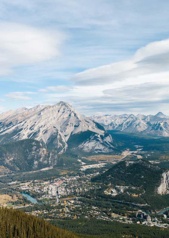 An aerial view of Banff, viewed from the Banff Gondola