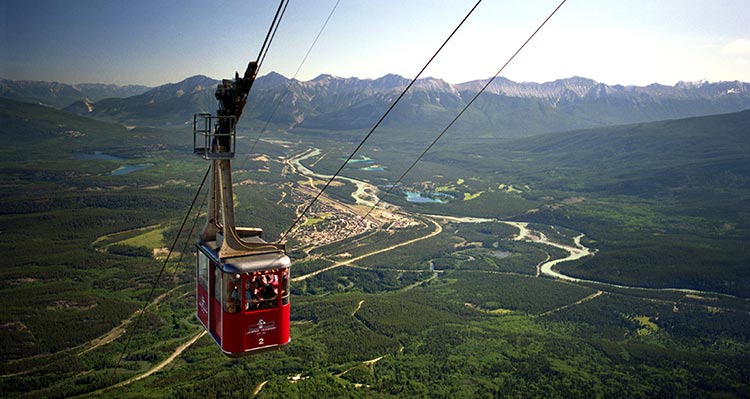 The Jasper SkyTram going up the cables above the Town of Jasper