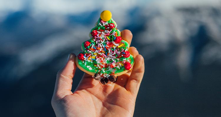 A person holds a Christmas tree cookie.