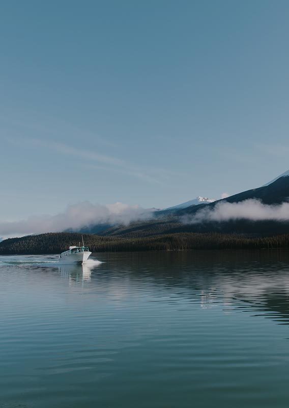 A blue and white boat cruises on a lake below a forested mountainside