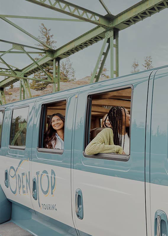 Guests look out their windows as bus drives over green bridge