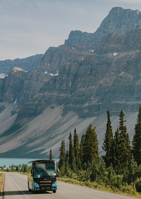 A bus drives down an open road next to some forest.