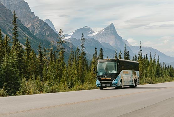 A tour bus drives along a road below tall mountains.
