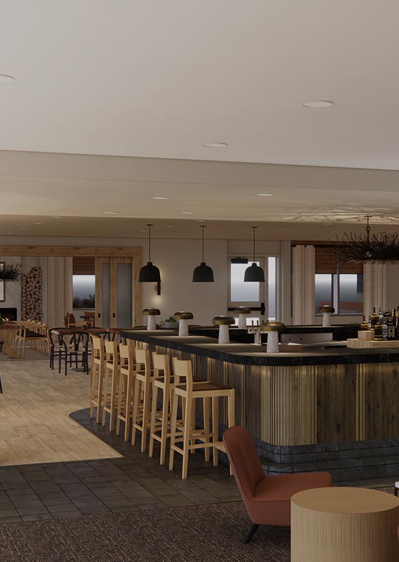 An architectural rendering of a restaurant and bar interior.