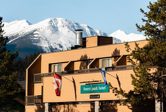 Forest Park Hotel exterior with mountain behind it