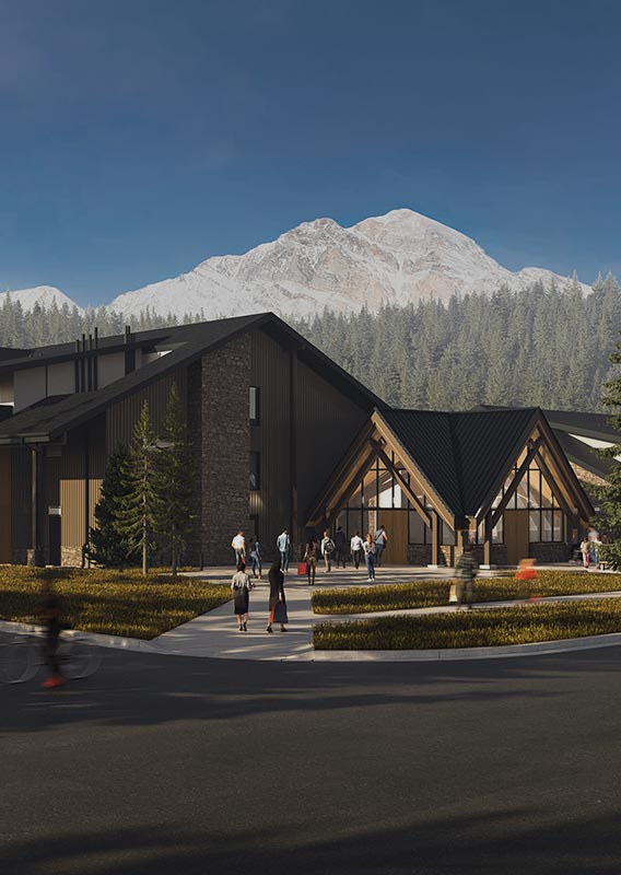 An illustrated rendering of a hotel in a mountain lansdscape.