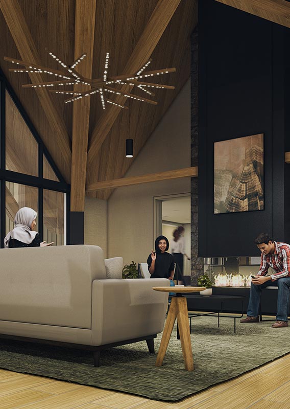 An illustrated rendering of a hotel lounge