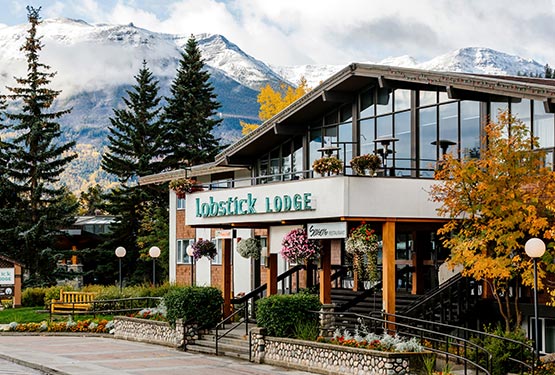 The Lobstick Lodge hotel surrounded by tall conifer trees