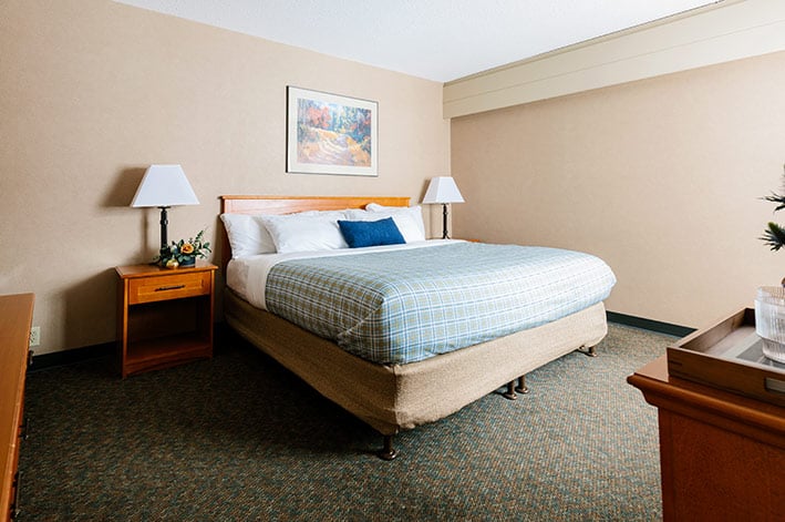 A king bed in a hotel room with bedside tables with lamps