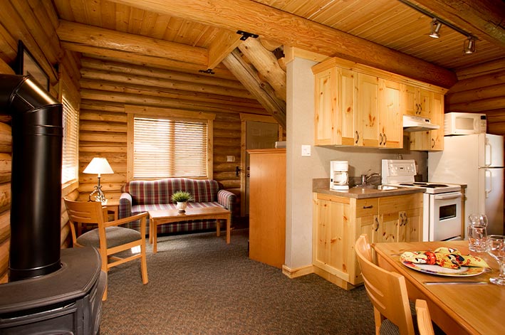 A cabin living room and kitchen