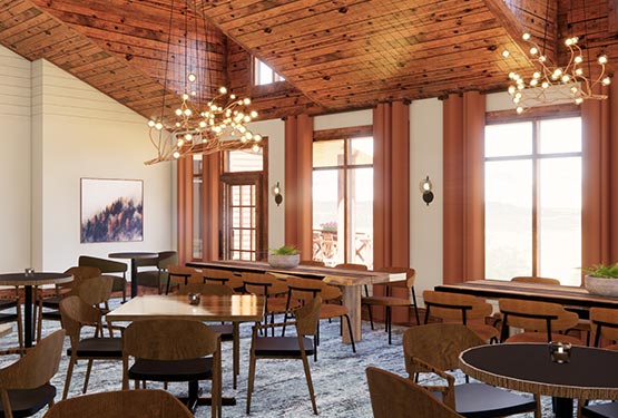 A rendering of a dining room with wood detail ceilings and wide windows