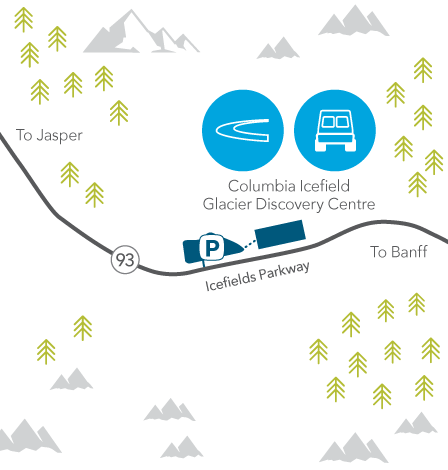 Map showing the location of the Columbia Icefield Glacier Discovery Centre and the parking lot.