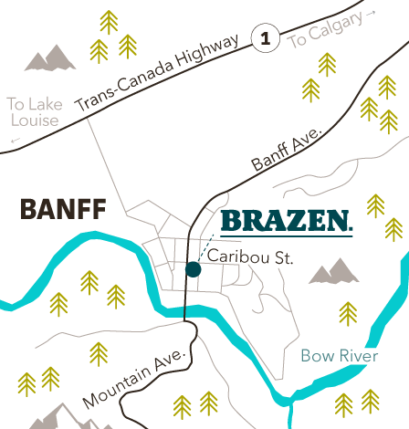 Map showing location of Brazen in downtown Banff.