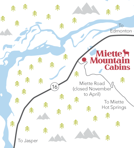 Map showing the location of Miette Mountain Cabins on Highway 16.