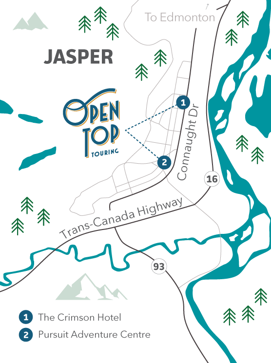 Map showing the locations of The Crimson Hotel and Pursuit Adventure Centre in Jasper