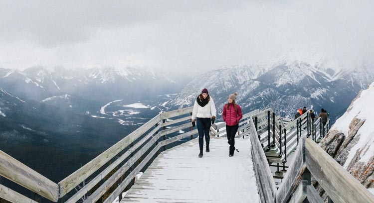 Visitors walking along the boardwalk at Sulphur Mountain