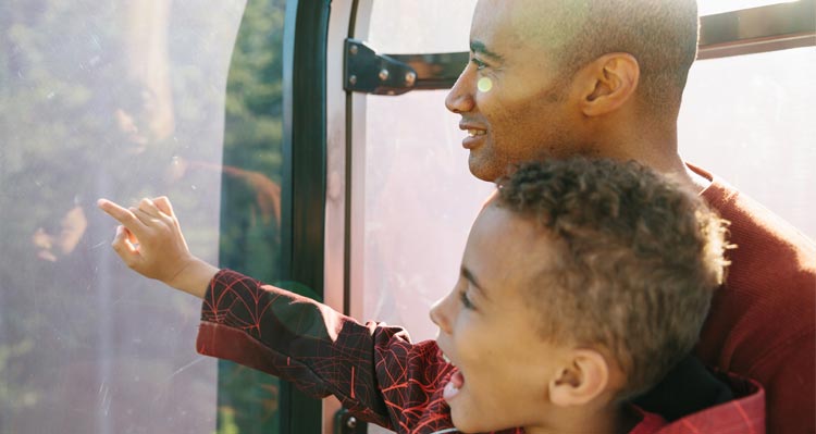 A father and son point and look out a window on a sunny day