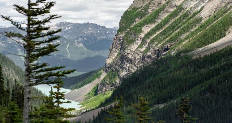 A view between mountains towards a blue lake