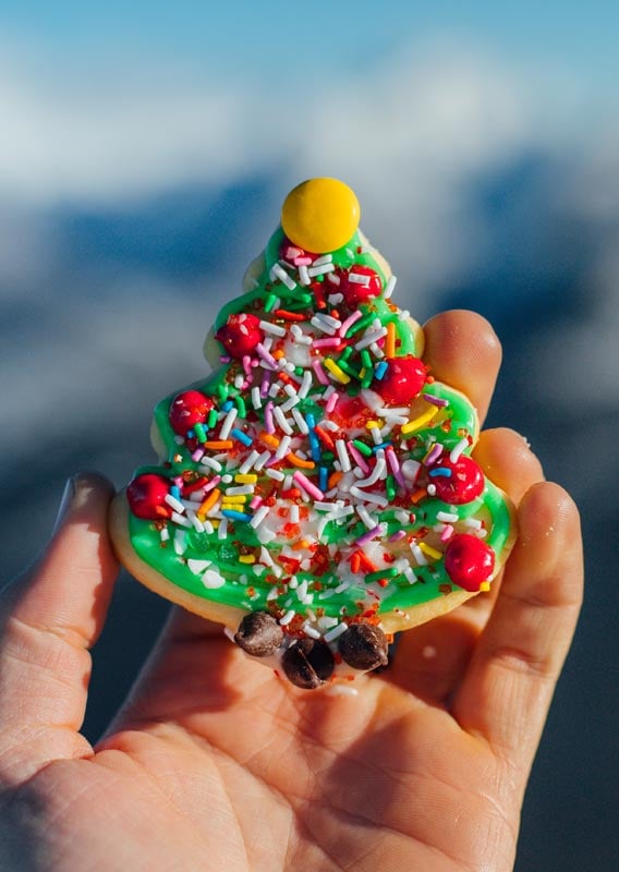 A Christmas cookie getting decorated with icing