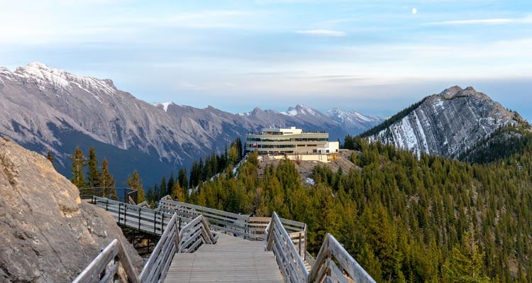 A view of the Banff Gondola summit building from the Sulphur Mountain Boardwalk.