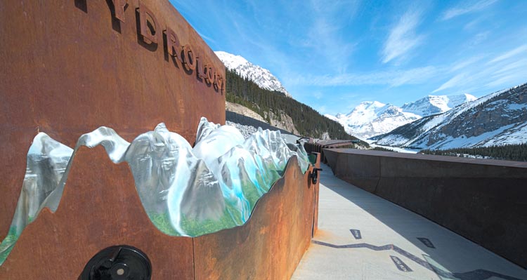 Looking along the Columbia Icefield Skywalk; the hydrology interpretive station.