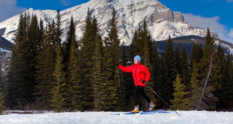 A woman cross-country skis near a forest an below a mountain.