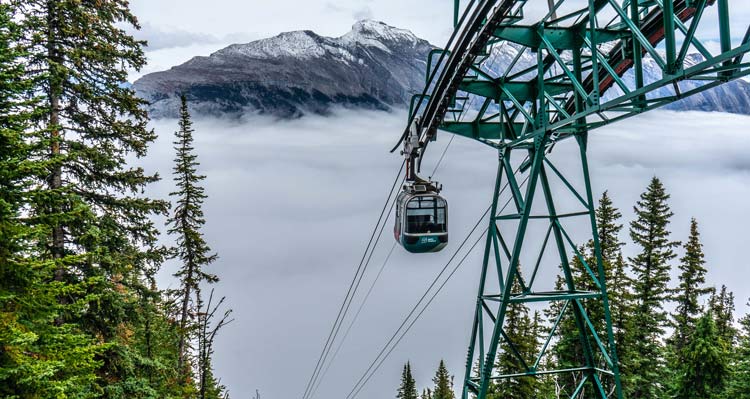 A Banff Gondola cabin rises to the top of Sulphur Mountain