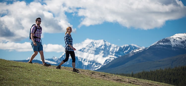 Two hikers on a grassy trail with snowy mountain peaks in the distance