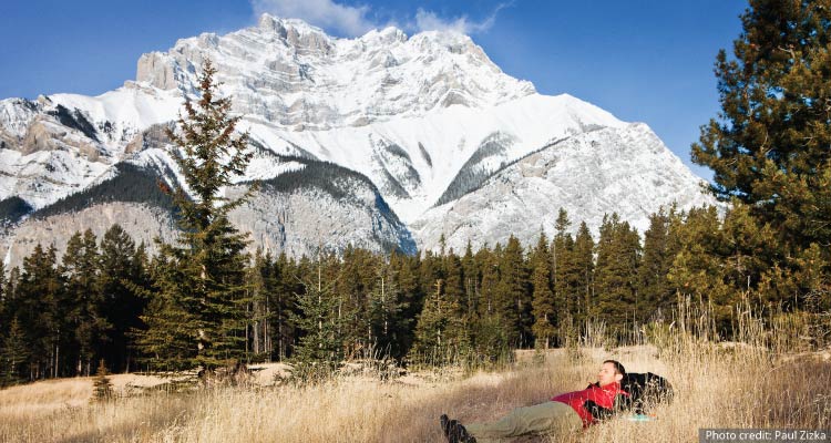 A hiker takes a rest in a field at the base of a snowy mountain