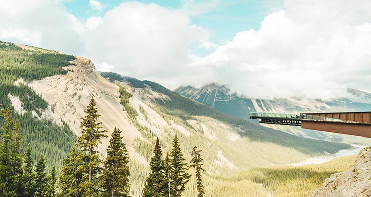 The Columbia Icefield Skywalk over a wide valley.