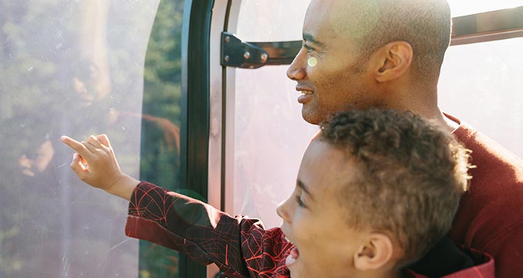 A dad and child look out from a gondola cabin.