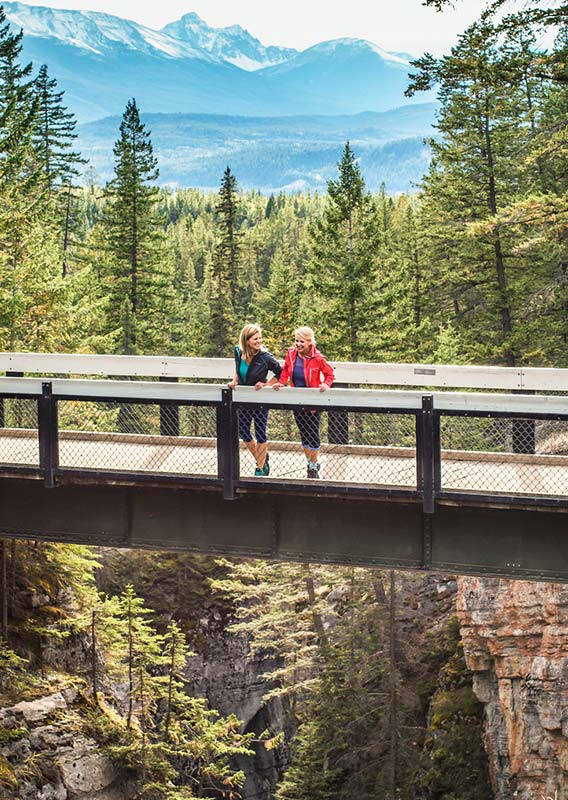 Two people stand on a bridge above a deep mountain canyon.