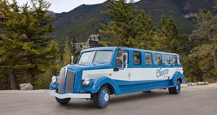 A historic-style automobile parked on a road across a valley from a forested mountainside.