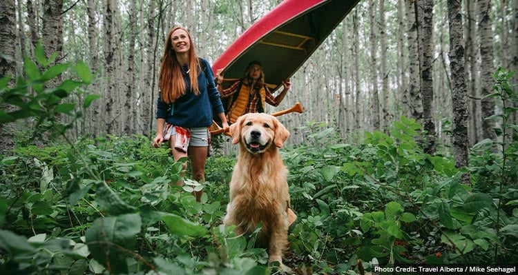 Two people carry a canoe through a forest with a dog leading the way.