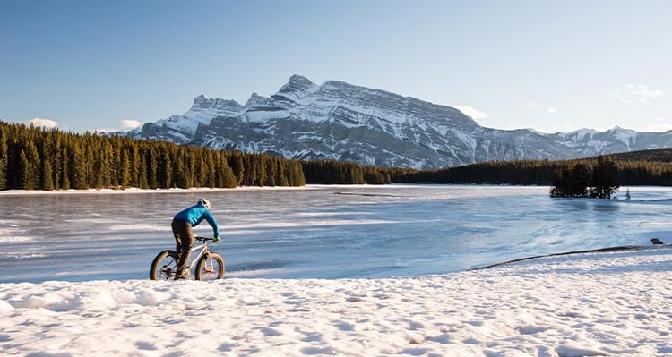 A person rides a bicycle along a frozen lake shore.