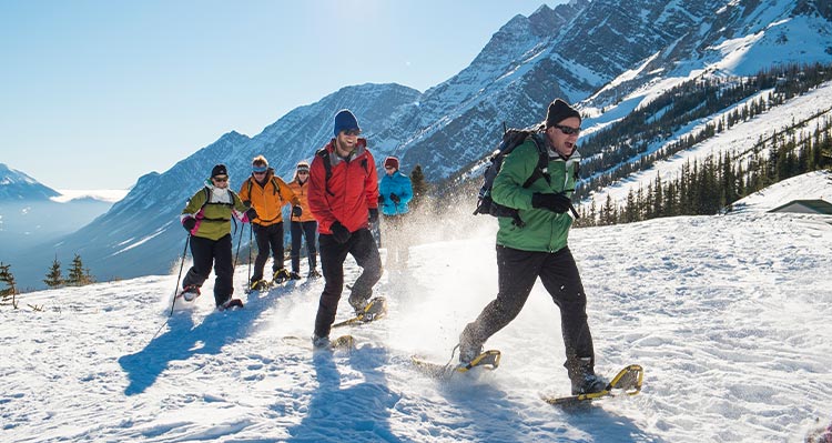 A group of snowshoers walk across a snowy field.