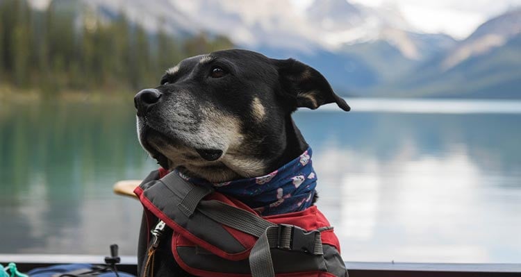 A dog in a canoe on a calm lake.