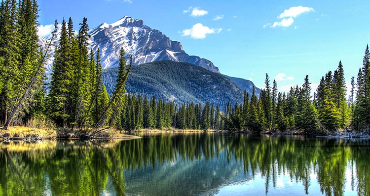 A calm river with the reflection of Cascade mountain.