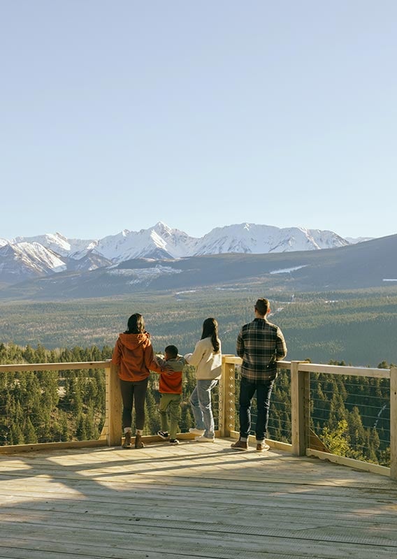 A family stands on a look out deck, gazing out to the mountains and forest.