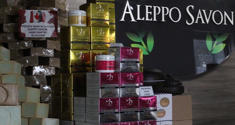 A counter stocked with various beauty products.