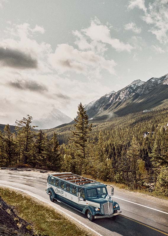 A vintage-style tour bus drives on a road between a forest and rocky cliffside.