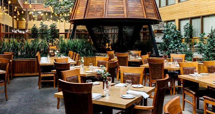 An interior image of the dining room at the Forest Park Hotel. Tables set and lights hanging from the season.