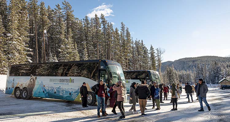 A group of people stand outside a couple of Brewster Sightseeing buses in winter.