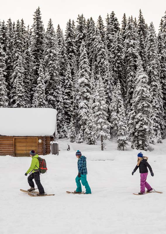 Three snowshoers walk near a wooden cabin and a forest.