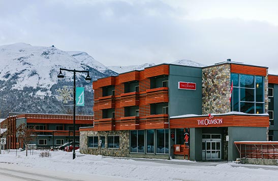 The Crimson Hotel exterior in winter.