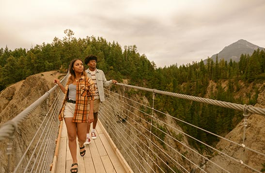 Two people walk across a wooden skybridge overlooking a canyon and trees.