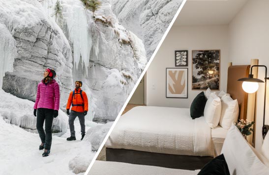 A group of people stand in an icy cavern, split with an image of a room at Forest Park Hotel.