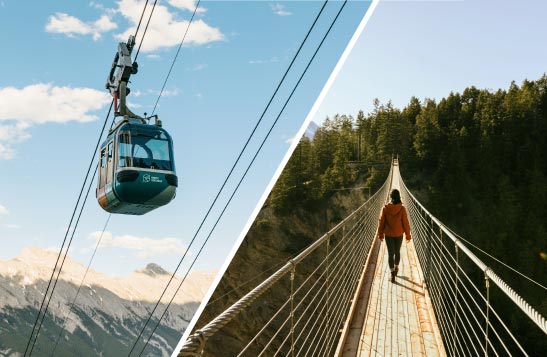 A split image, with the Banff Gondola on the left, and a person walking across the Golden Skybridge.