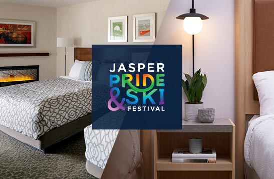 A split image with two hotel rooms on either side. A text graphic is overlaid/